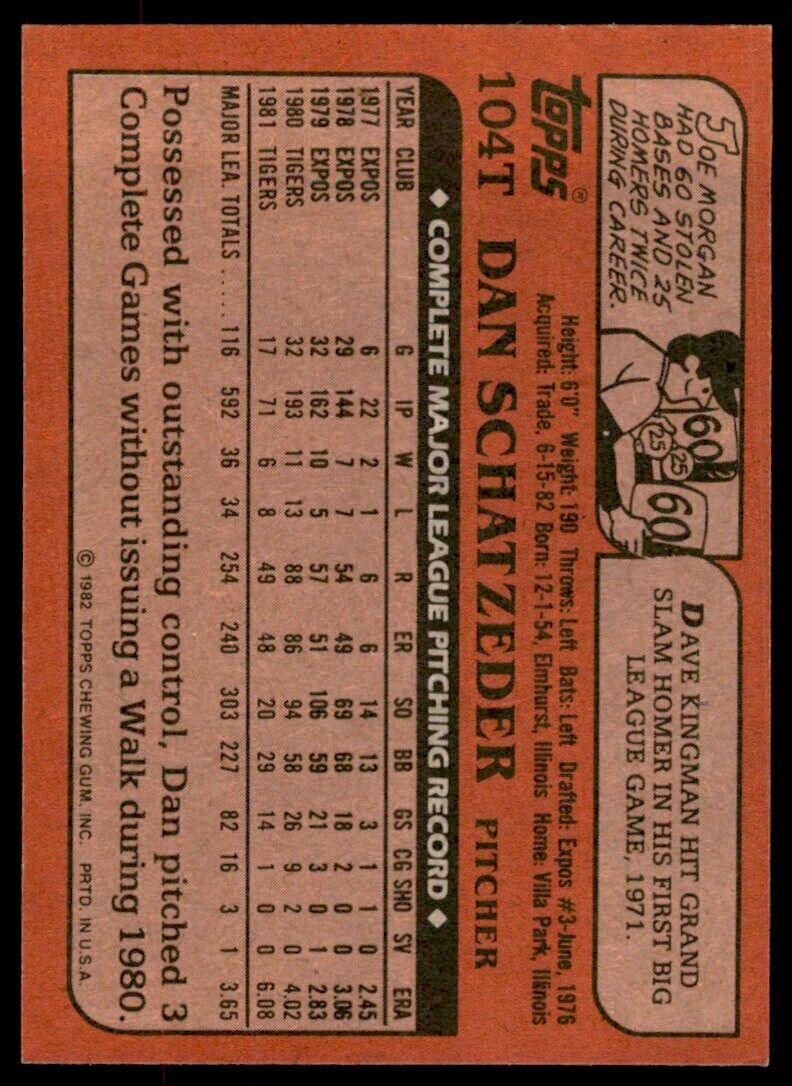 1982 TOPPS TRADED DAN SCHATZEDER . DETROIT TIGERS #104T