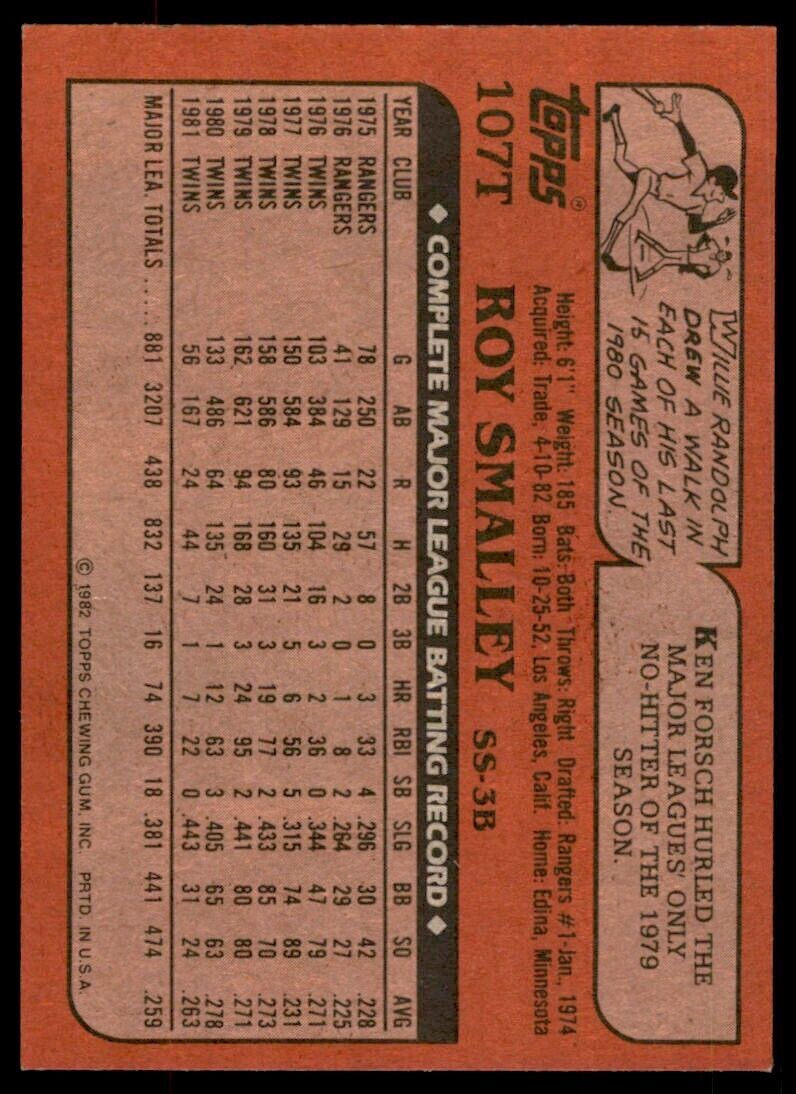 1982 TOPPS TRADED ROY SMALLEY . MINNESOTA TWINS #107T