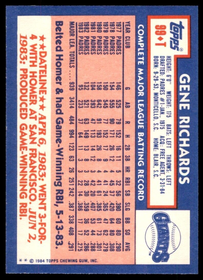 1984 TOPPS TRADED GENE RICHARDS . SAN FRANCISCO GIANTS #99T