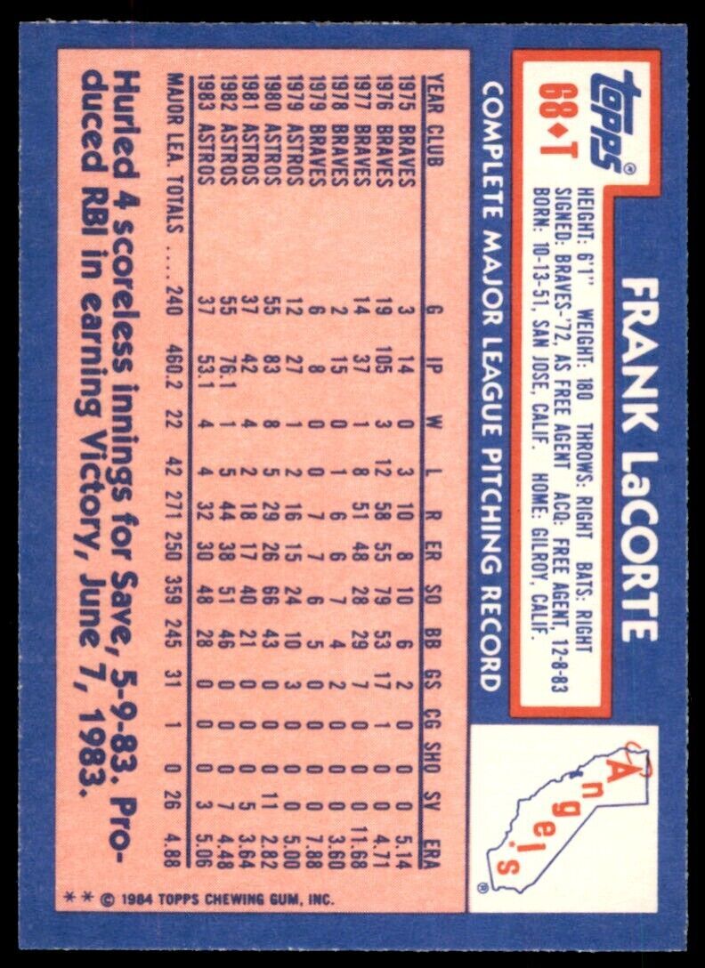 1984 TOPPS TRADED FRANK LACORTE . CALIFORNIA ANGELS #68T