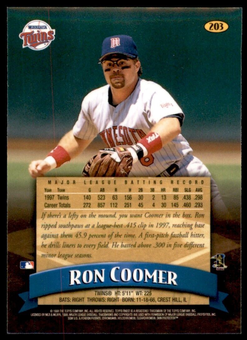 1998 TOPPS FINEST RON COOMER . MINNESOTA TWINS #203