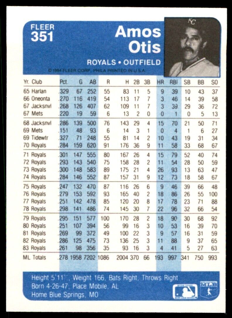 1984 FLEER AMOS OTIS . KANSAS CITY ROYALS #351