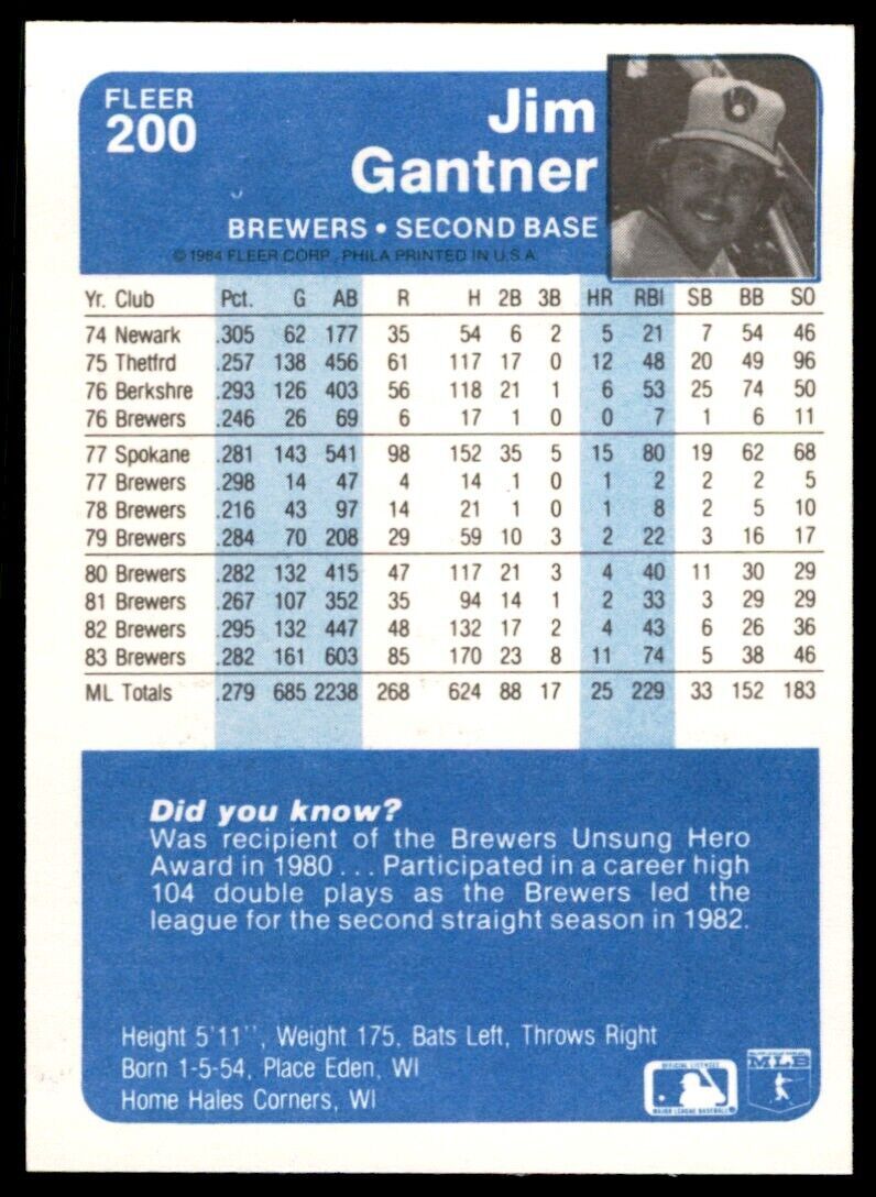 1984 FLEER JIM GANTNER . MILWAUKEE BREWERS #200
