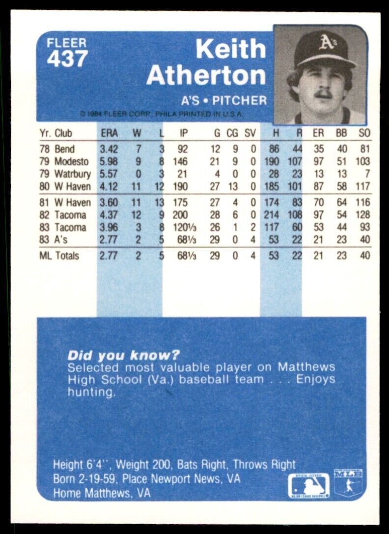 1984 FLEER KEITH ATHERTON . OAKLAND ATHLETICS #437