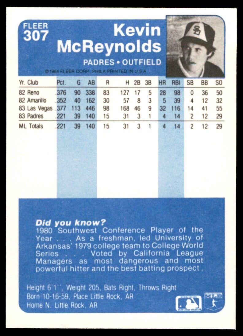 1984 FLEER KEVIN MCREYNOLDS . SAN DIEGO PADRES #307