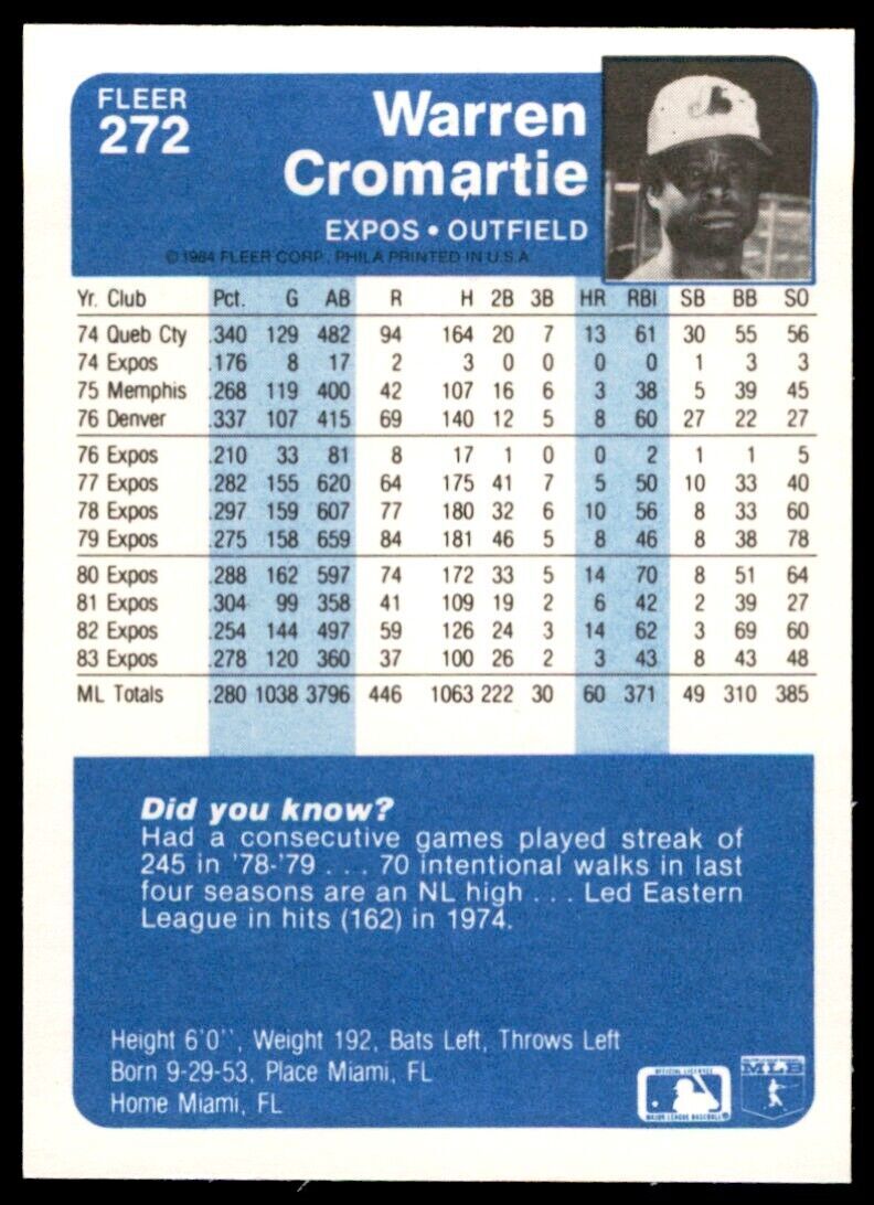 1984 FLEER WARREN CROMARTIE . MONTREAL EXPOS #272