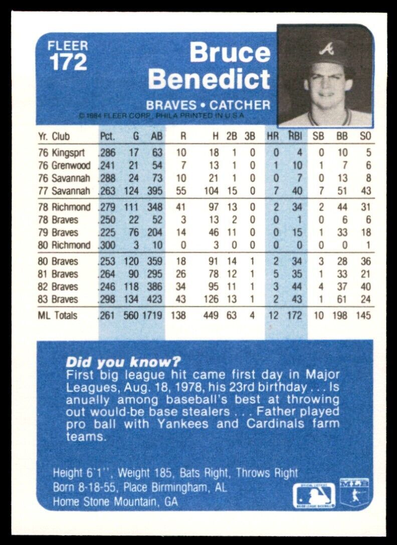 1984 FLEER BRUCE BENEDICT . ATLANTA BRAVES #172