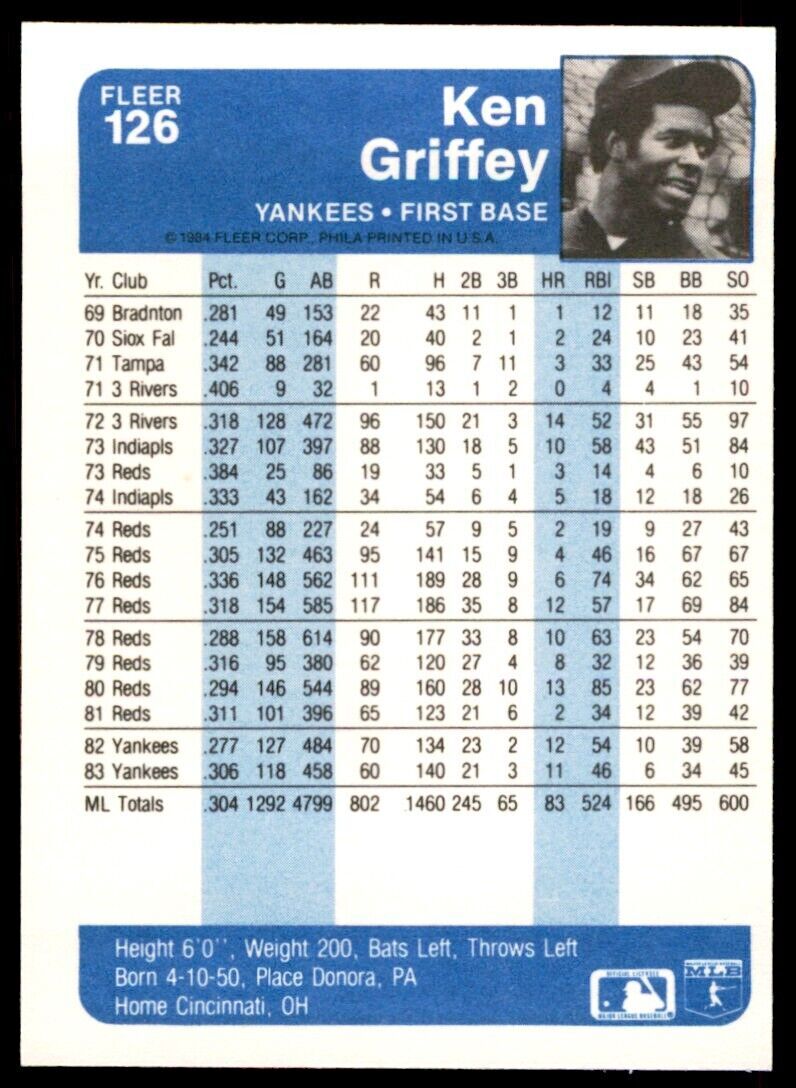 1984 FLEER KEN GRIFFEY . NEW YORK YANKEES #126