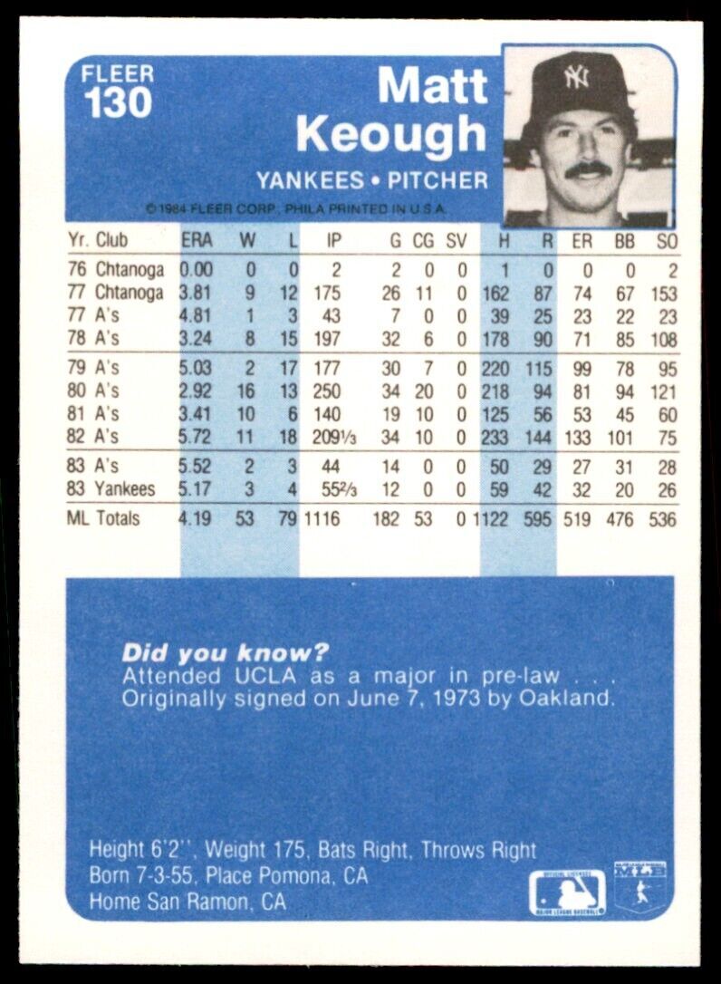 1984 FLEER MATT KEOUGH . NEW YORK YANKEES #130