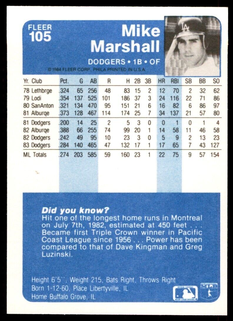 1984 FLEER MIKE MARSHALL . LOS ANGELES DODGERS #105