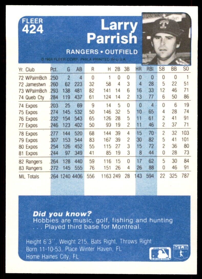 1984 FLEER LARRY PARRISH . TEXAS RANGERS #424