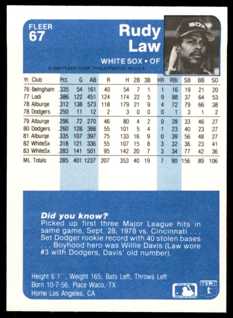 1984 FLEER RUDY LAW . CHICAGO WHITE SOX #67