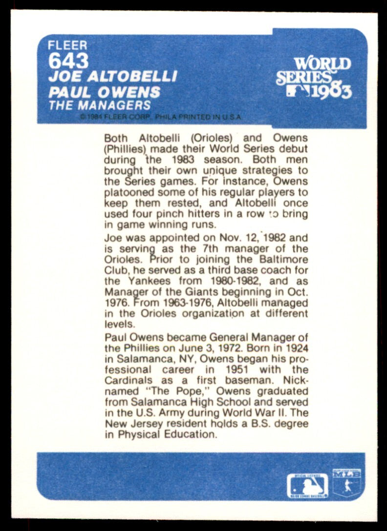 1984 FLEER JOE ALTOBELLI/PAUL OWENS . BALTIMORE ORIOLES/PHILADELPHIA PHILLIES