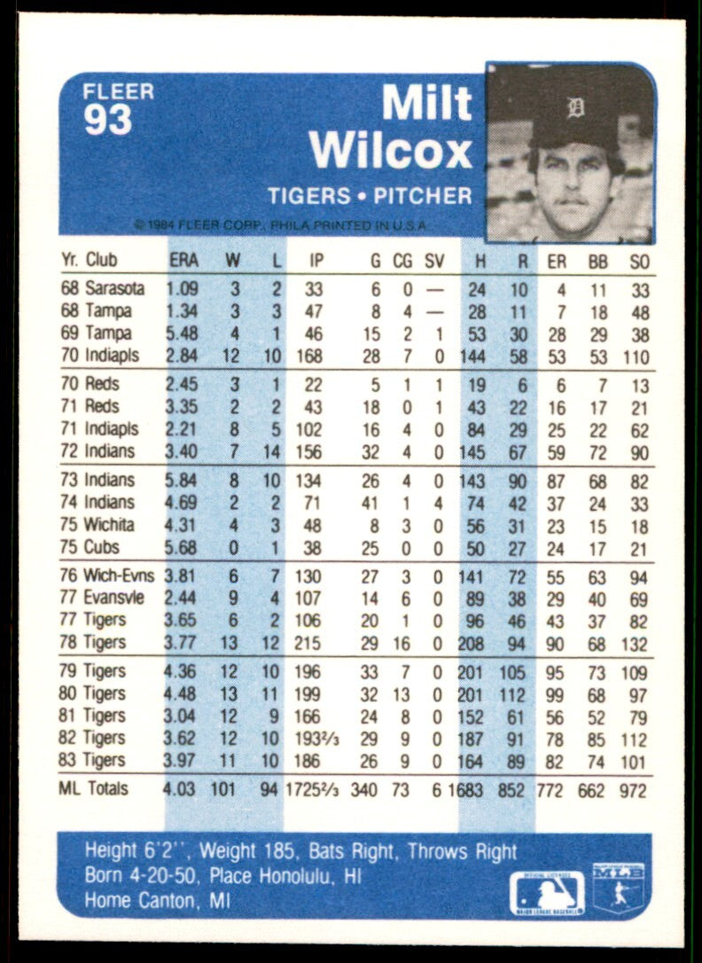 1984 FLEER MILT WILCOX . DETROIT TIGERS #93