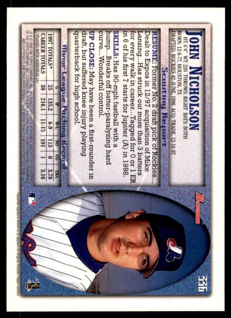 1998 BOWMAN JOHN NICHOLSON . MONTREAL EXPOS #336