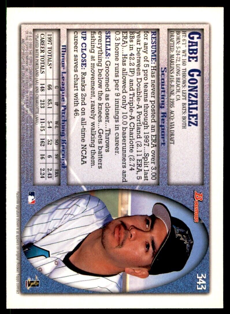 1998 BOWMAN GABE GONZALEZ . FLORIDA MARLINS #343