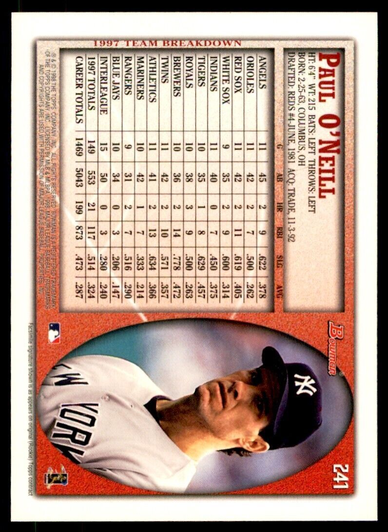 1998 BOWMAN PAUL O'NEILL . NEW YORK YANKEES #241