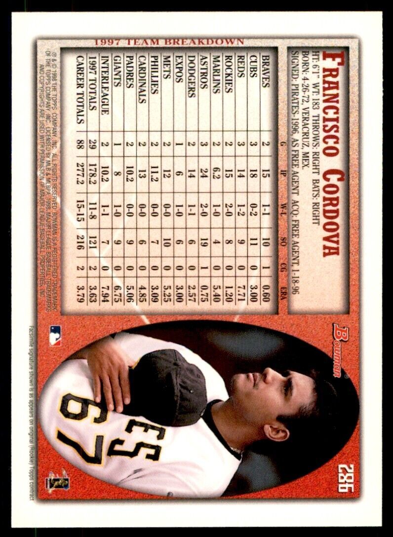 1998 BOWMAN FRANCISCO CORDOVA . PITTSBURGH PIRATES #286