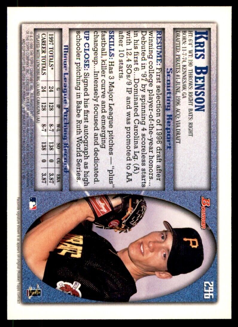 1998 BOWMAN KRIS BENSON . PITTSBURGH PIRATES #296