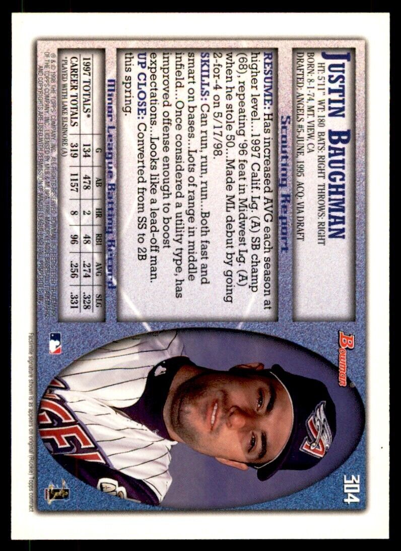 1998 BOWMAN JUSTIN BAUGHMAN . ANAHEIM ANGELS #304