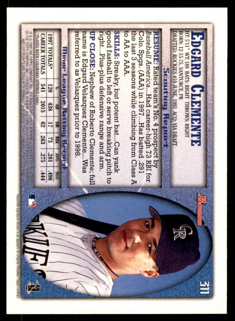 1998 BOWMAN EDGARD CLEMENTE . COLORADO ROCKIES #311