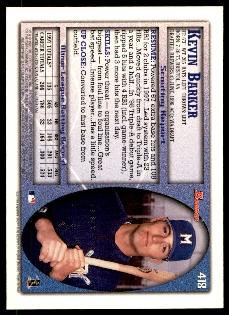 1998 BOWMAN KEVIN BARKER . MILWAUKEE BREWERS #418