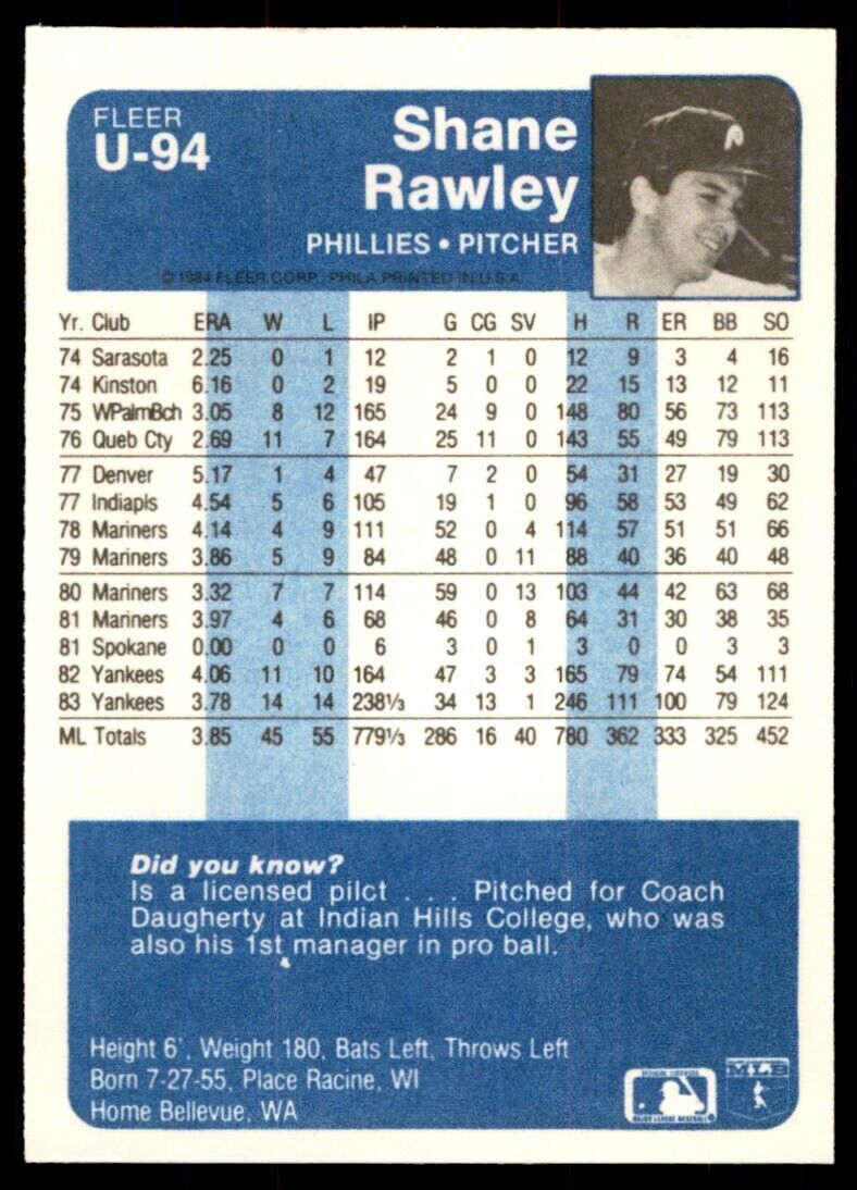 1984 FLEER UPDATE SHANE RAWLEY . PHILADELPHIA PHILLIES #U-94