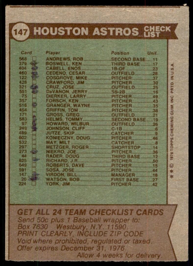 1976 TOPPS HOUSTON ASTROS - BILL VIRDON HOUSTON ASTROS #147