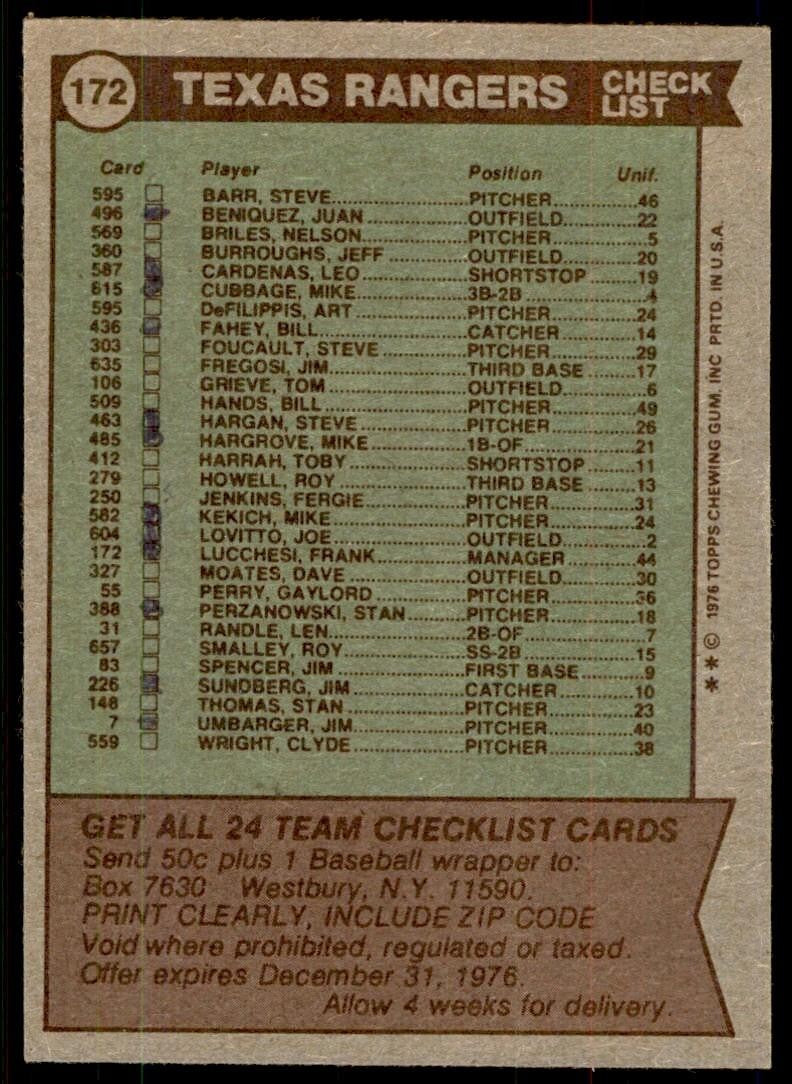 1976 TOPPS.. TEXAS RANGERS - FRANK LUCCHESI TEXAS RANGERS. #172