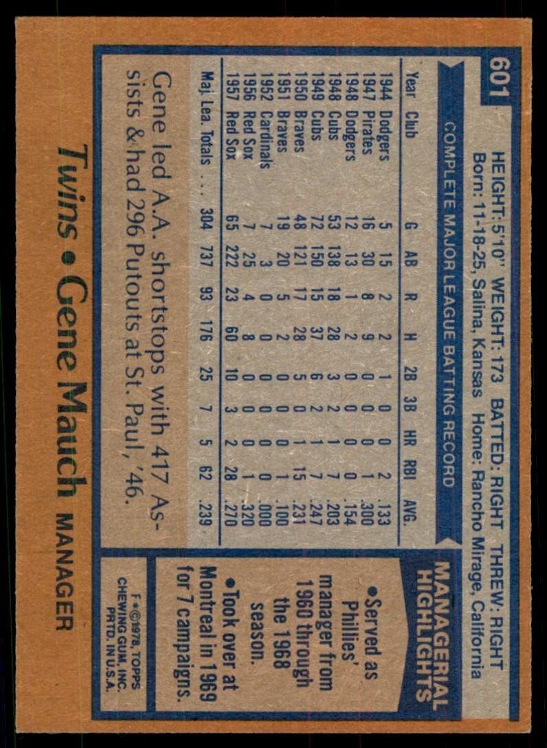 1978 TOPPS GENE MAUCH TWINS #601