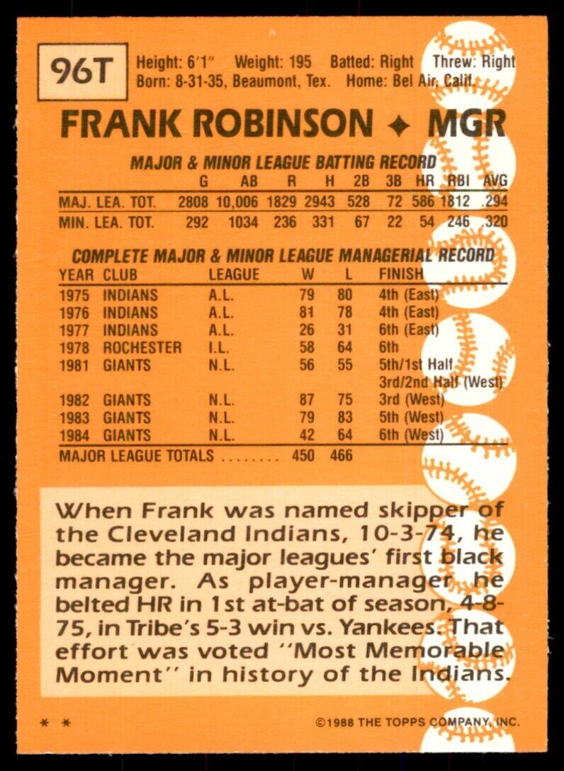 1988 TOPPS TRADED FRANK ROBINSON BALTIMORE ORIOLES #96T
