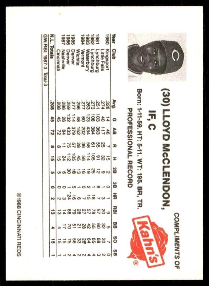 1988 KAHN'S HOT DOGS LLOYD MCCLENDON CINCINNATI REDS #30