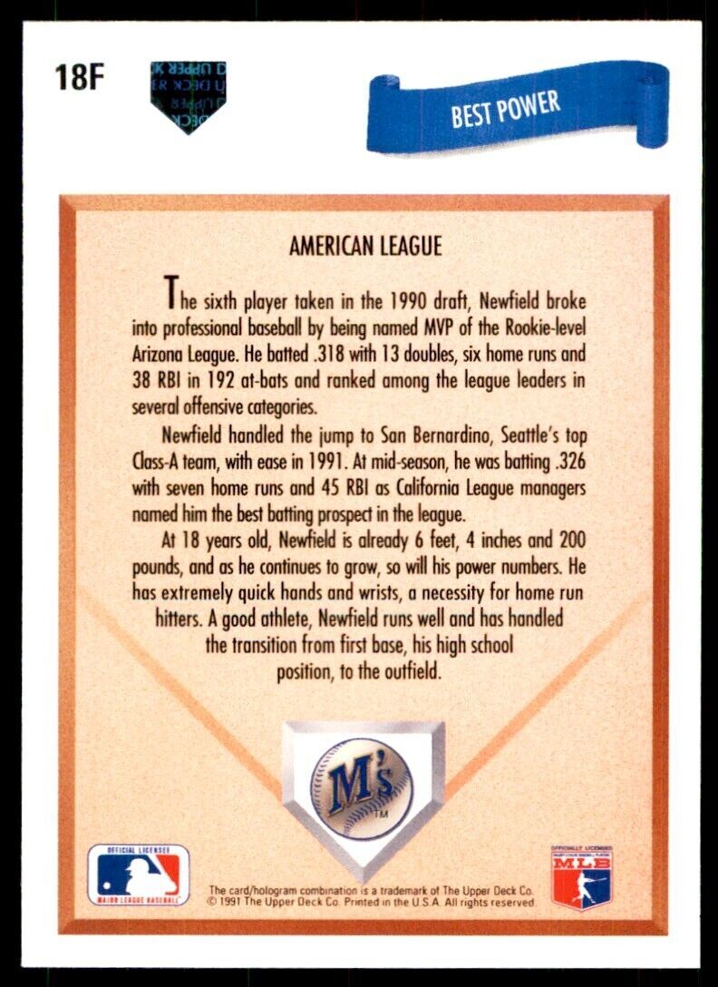 1991 UPPER DECK FINAL EDITION MARC NEWFIELD SEATTLE MARINERS #18F