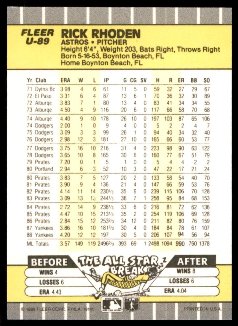1989 FLEER UPDATE RICK RHODEN HOUSTON ASTROS #U-89