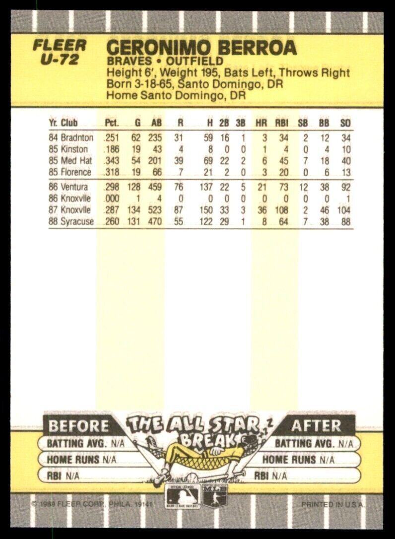 1989 FLEER UPDATE GERONIMO BERROA ATLANTA BRAVES #U-72