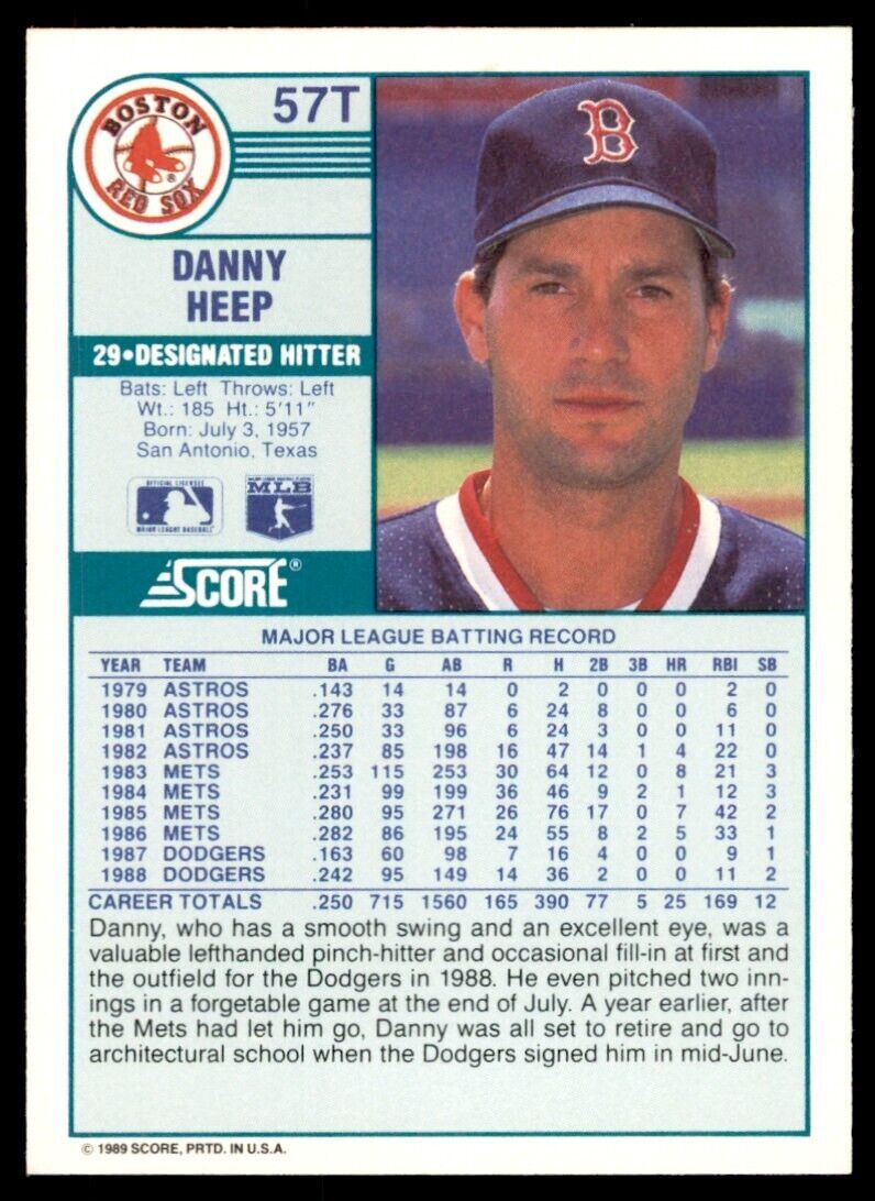 1989 SCORE TRADED DANNY HEEP BOSTON RED SOX #57T