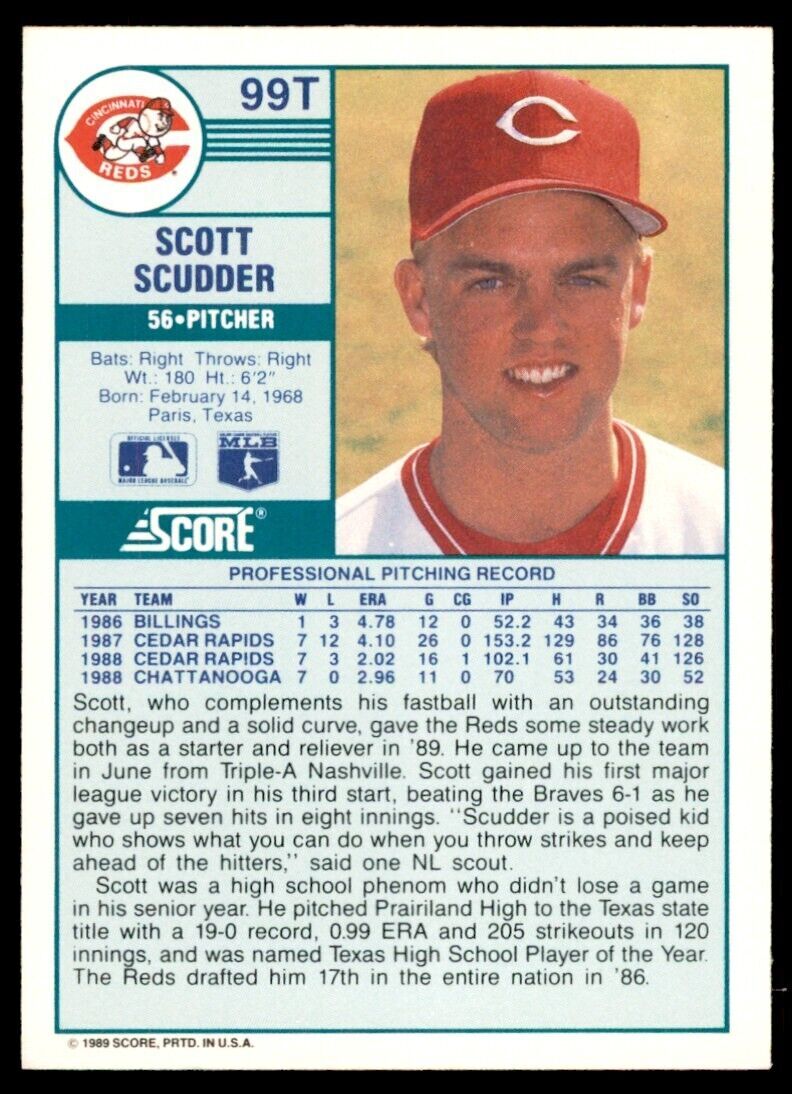 1989 SCORE TRADED SCOTT SCUDDER CINCINNATI REDS #99T
