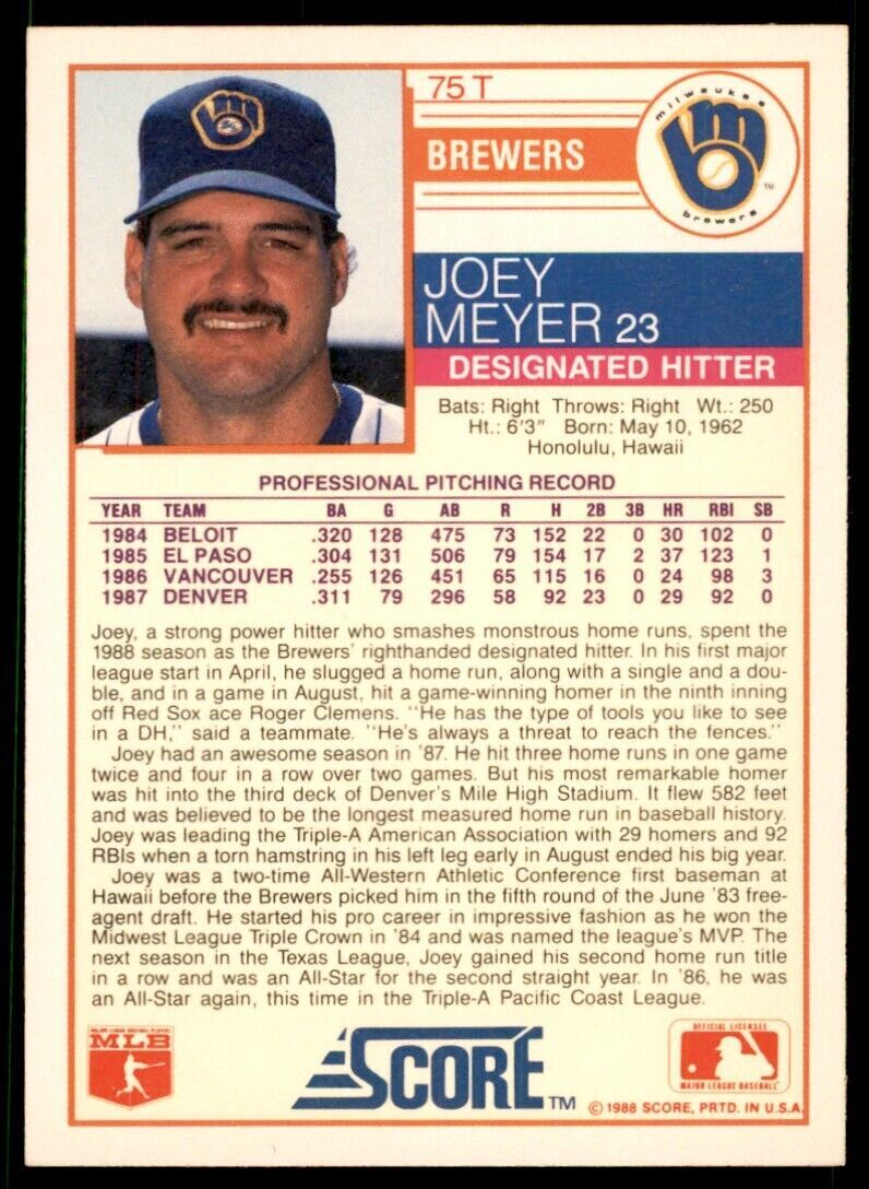 1988 SCORE. TRADED JOEY MEYER MILWAUKEE BREWERS #75T