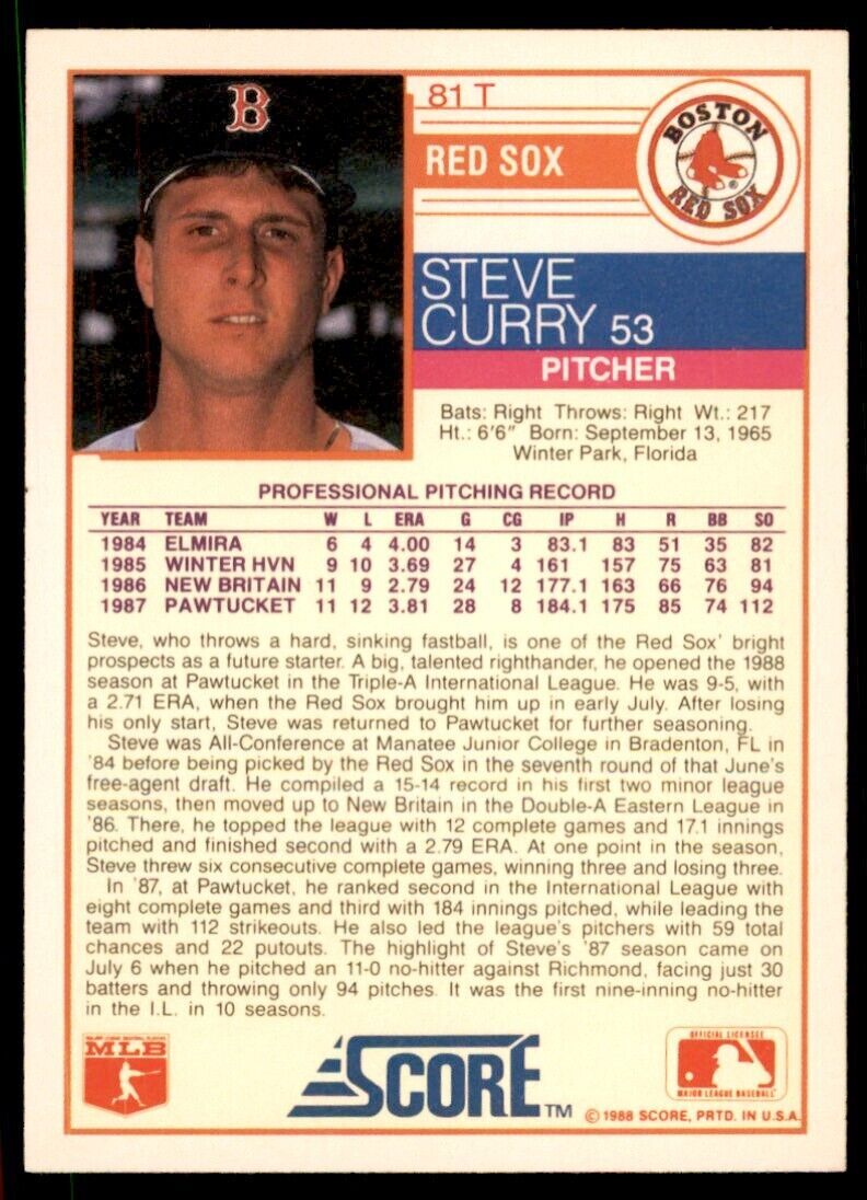 1988 SCORE. TRADED STEVE CURRY BOSTON RED SOX #81T