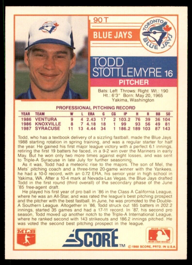 1988 SCORE. TRADED TODD STOTTLEMYRE TORONTO BLUE JAYS #90T