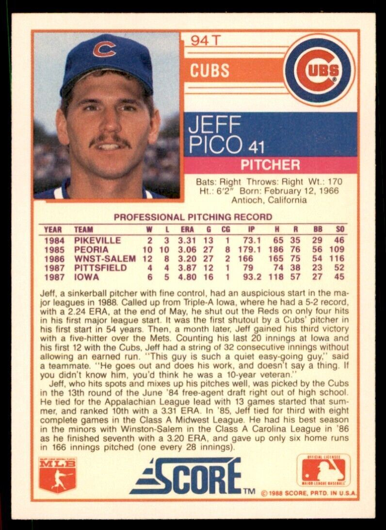 1988 SCORE. TRADED JEFF PICO CHICAGO CUBS #94T