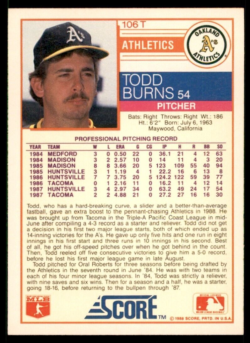 1988 SCORE. TRADED TODD BURNS OAKLAND ATHLETICS #106T