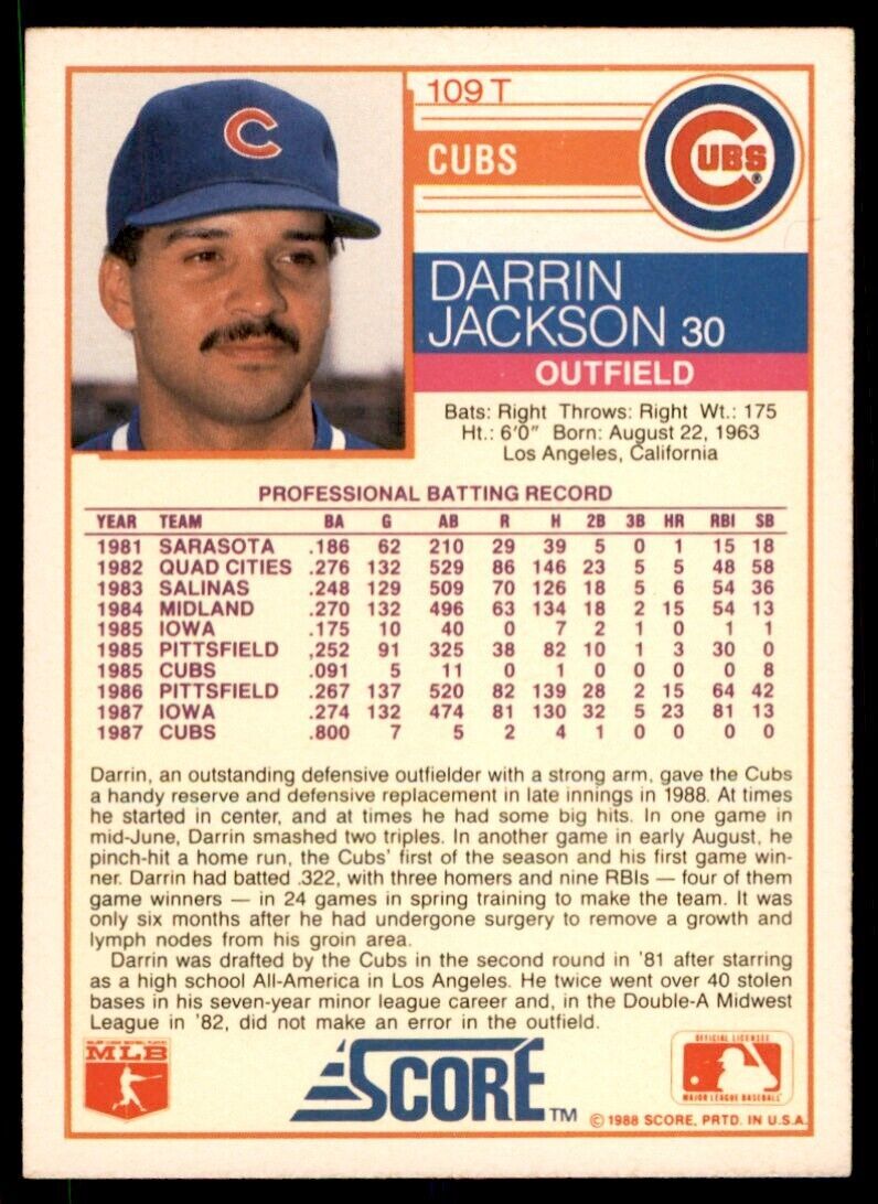 1988 SCORE TRADED. DARRIN JACKSON CHICAGO CUBS #109T