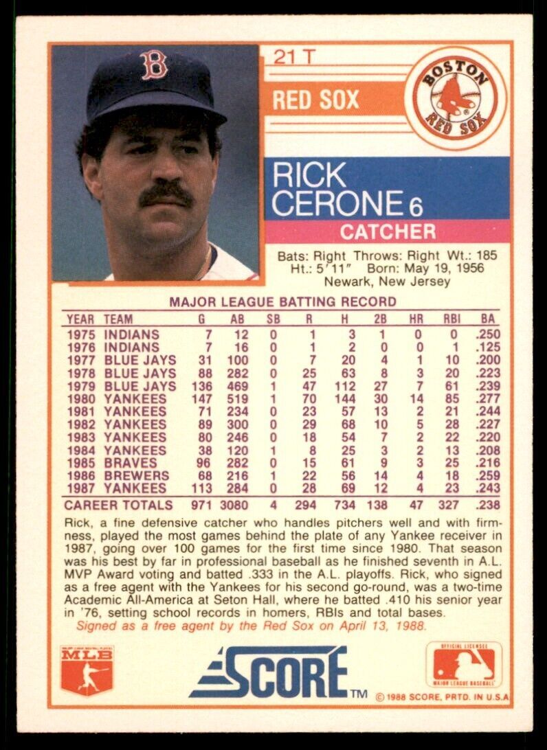 1988 SCORE TRADED. RICK CERONE BOSTON RED SOX #21T