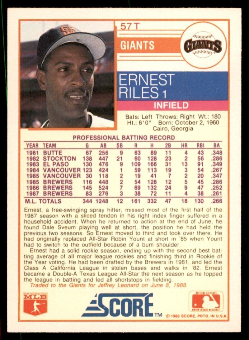 1988 SCORE TRADED. ERNEST RILES SAN FRANCISCO GIANTS #57T