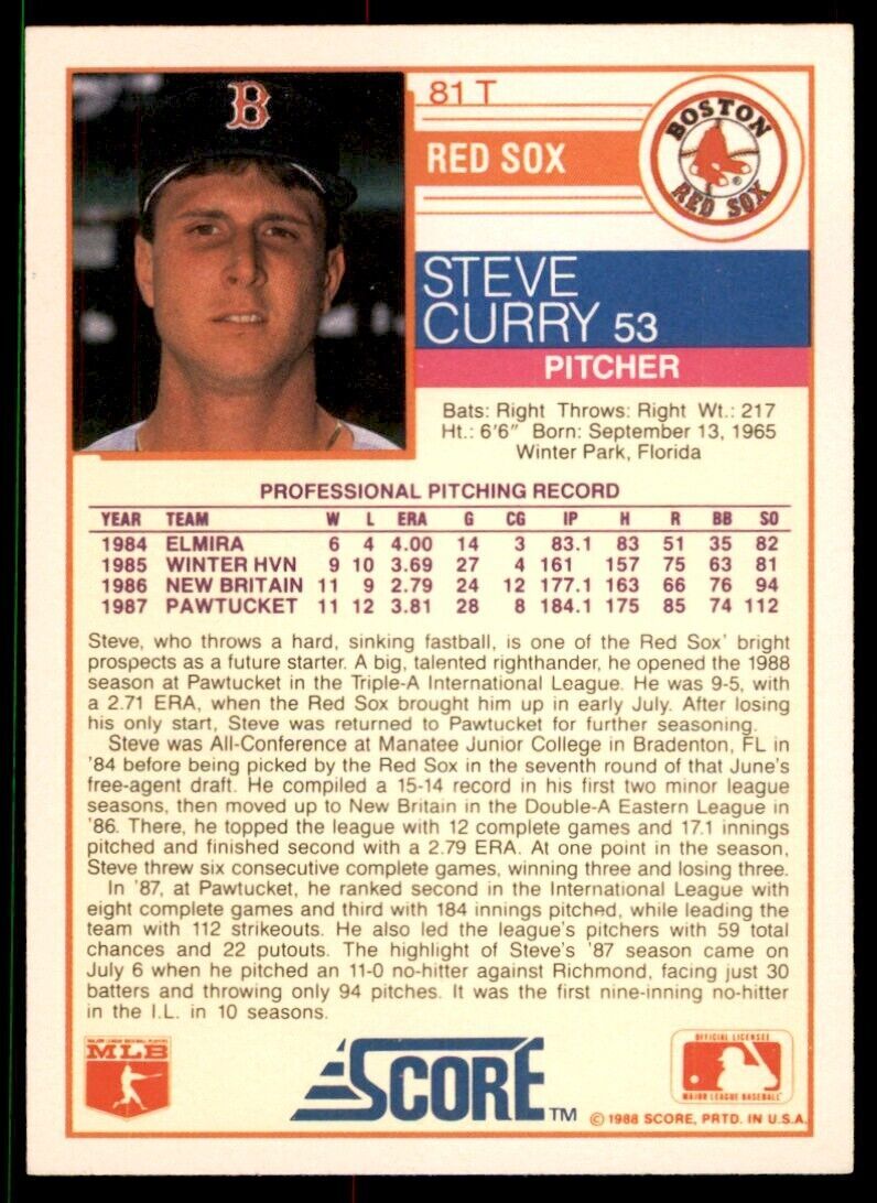 1988 SCORE TRADED. STEVE CURRY BOSTON RED SOX #81T