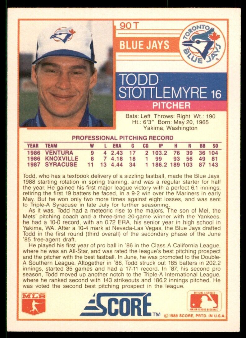 1988 SCORE TRADED. TODD STOTTLEMYRE TORONTO BLUE JAYS #90T