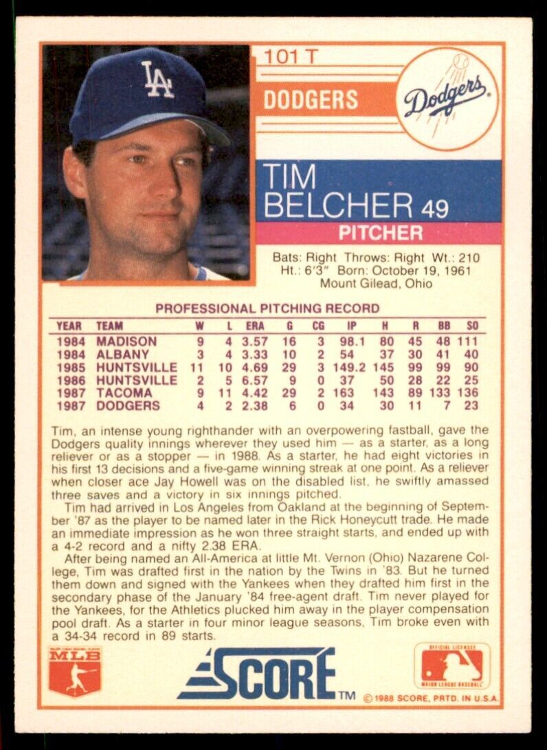 1988 SCORE TRADED. TIM BELCHER LOS ANGELES DODGERS #101T