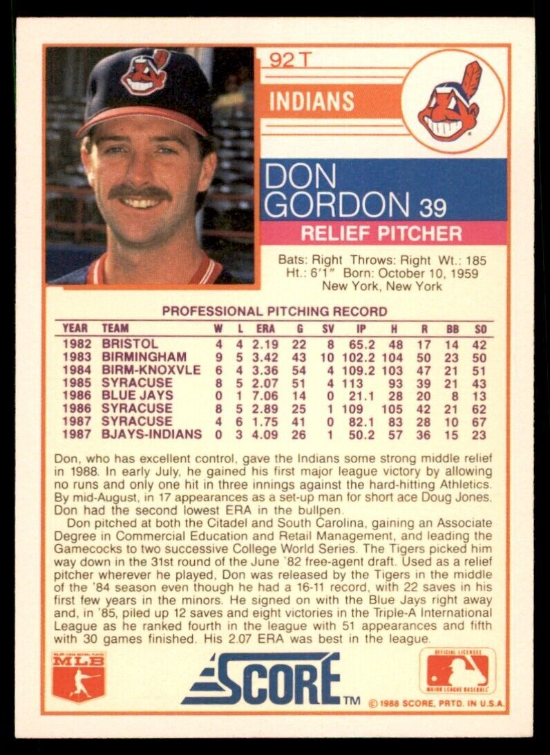 1988 SCORE TRADED DON GORDON CLEVELAND INDIANS #92T