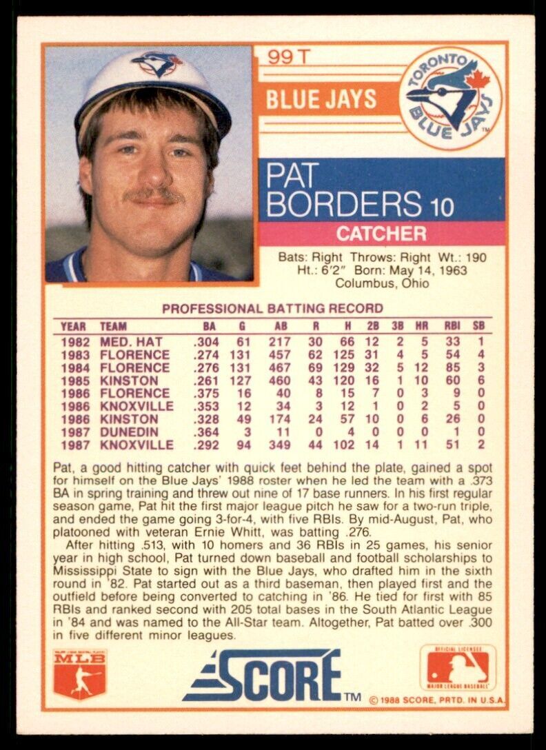 1988 SCORE TRADED PAT BORDERS TORONTO BLUE JAYS #99T